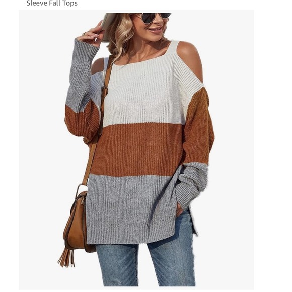 Color Block Cold‎ Shoulder Knit Sweater Pullover Casual Fall Tunic M - Picture 1 of 5